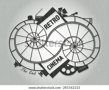 Cinema concept design in retro style with film reel and twisted movie tapes, spotlight, cameras on the old background. Vector illustration.