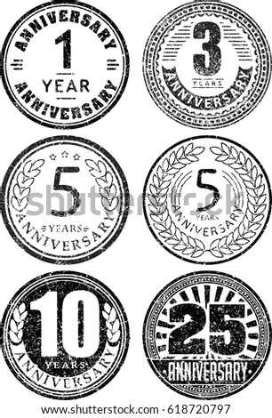 Set of six anniversary designs in rubber stamp style. There are 1, 3, 5, 10, 25 years icons. 