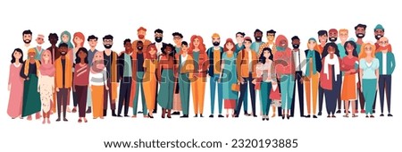 Vector cartoon illustration of Diverse global people teamwork of different cultures. Happy women and men in modern. Friends, coworkers or relatives character on White isolated background. EPS 10