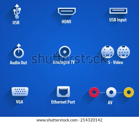 usb, hdmi, audio, analouge, s-video, vga, Ethernet video ports - vector eps10