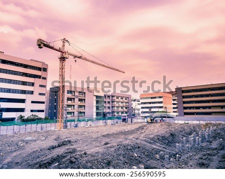 construction site in the afternoon with crane, in early stage preparation