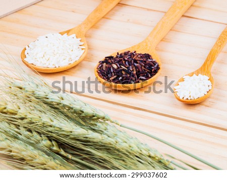 two types of milled rice on wooden spoons on table