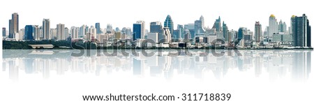 many modern buildings on midtown, showing skyscraper in panoramic metropolitan, isolated on white background
