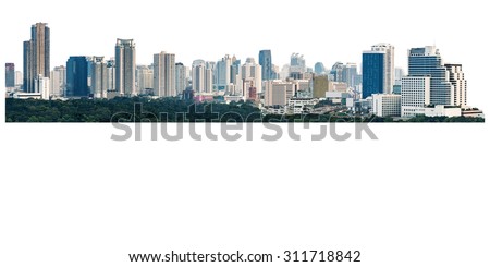 many modern buildings on midtown, showing skyscraper in panoramic metropolitan, isolated on white background