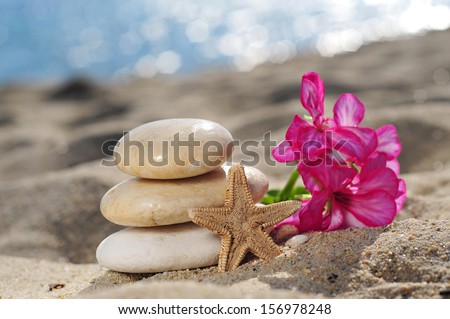 Zen meditation spa relaxation background - balanced stones stack with flower close up on sea beach