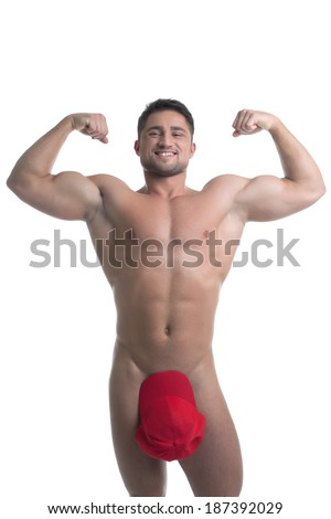 Smiling young naked man posing biceps straining