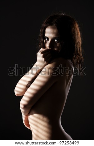 naked woman in dark before venetian blind