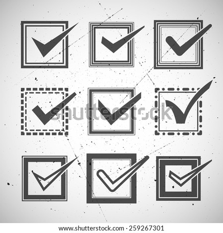 Set of nine different grey and white vector check marks or ticks in boxes conceptual of confirmation  acceptance  positive  passed  voting  agreement  true or completion of tasks on a list