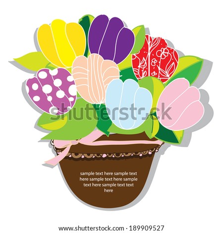 decorative and stylized vector background of a bouquet of flowers tulips with text in pot