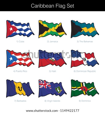 Caribbean Waving Flag Set. The set includes the flags of Cuba, Jamaica, The Bahamas, Puerto Rico, Haiti, Dominican Republic, Barbados, British Virgin Islands n Dominica. Vector Icons neatly on Layers