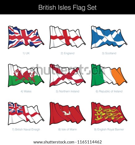 British Isles Waving Flag Set. The set includes the flags of UK, England, Scotland, Wales, Northern Ireland, Republic of Ireland, the British Navy, Isle of Mann and the Royal Banner. Vector Icons