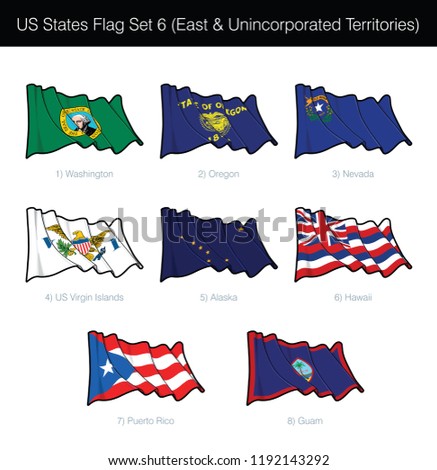 US States Flag Set - East States, Free Associated and Unincorporated Territories. Washington State, Oregon, Nevada, California, Alaska, Hawaii, Puerto Rico, Guam n US Virgin Islands flags are included