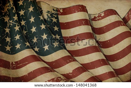 Illustration ofan aged, waving  US 48 star flag of the period 1912-1959 printed in old paper. This design was used by the US in both World Wars and the Korean war. Stock fotó © 