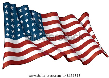 Illustration of a waving US 48 star flag of the period 1912-1959. This design was used by the US in both World Wars and the Korean war.