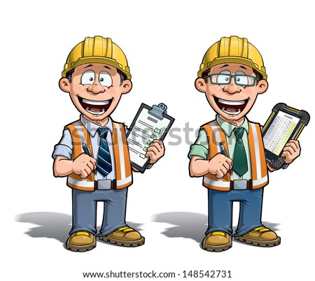 Cartoon Illustration Of A Construction Worker Supervisor Checking A ...