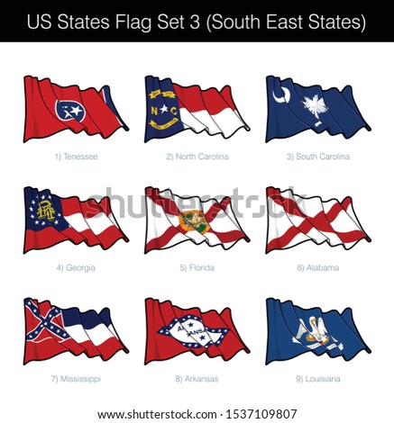 US South East States Flag Set. It includes the flags of Tennessee, North and South Carolina, Georgia, Florida, Alabama, Mississippi, Arkansas n Louisiana. Vector Icons all elements neatly on Layers