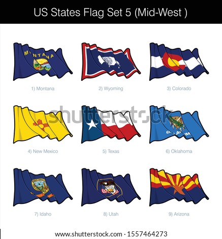 US Mid-West States Flag Set. The set includes the waving flags of Montana, Wyoming, Colorado, New Mexico, Texas, Oklahoma, Idaho, Utah and Arizona. Vector Icons all elements neatly on Layers