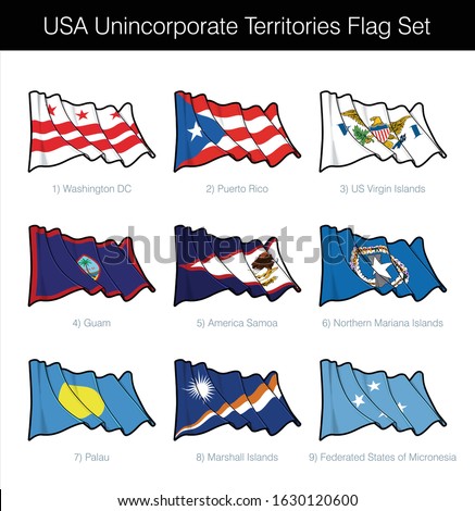 The icon set includes the waving flags of Washington DC, Puerto Rico, US Virgin Islands, Guam, American Samoa, Palau, Northern Mariana Islands, Federated States of Micronesia and Marshall Islands.