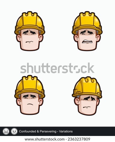 Icon set of a construction worker face with Confounded and Persevering emotional expression variations. All elements neatly on well described layers and groups.