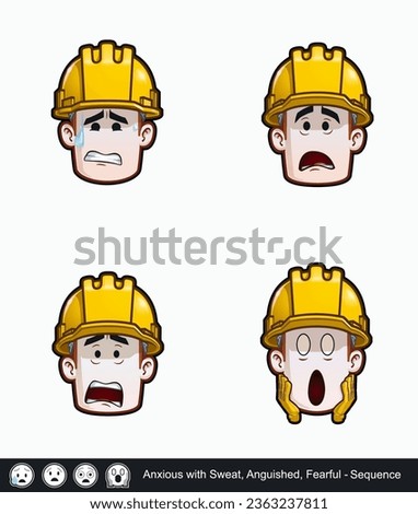 Icon set of a construction worker face with Anxious with Sweat, Anguished and Fearful emotional expression variations. All elements neatly on well described layers and groups.