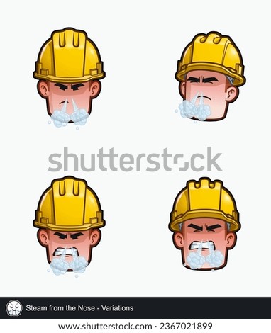 Icon set of a construction worker face with Steam from the Nose emotional expression variations. All elements neatly on well described layers and groups.
