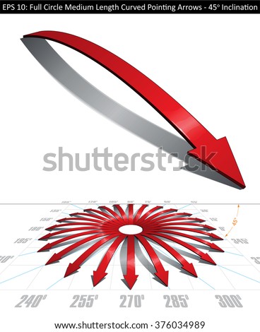 Set of medium length curved arrows. Pointing directions every 15 degrees covering a full circle. Easy to change color, keep or remove any element with the file's well organized layer structure.
