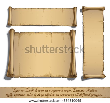 Set of three vector Cartoon illustrations of aged blank scrolls. Each Scroll on a separate layer,  Lines, Shadow, Lights, Color & Drop Shadow on separate groups for easy editing.