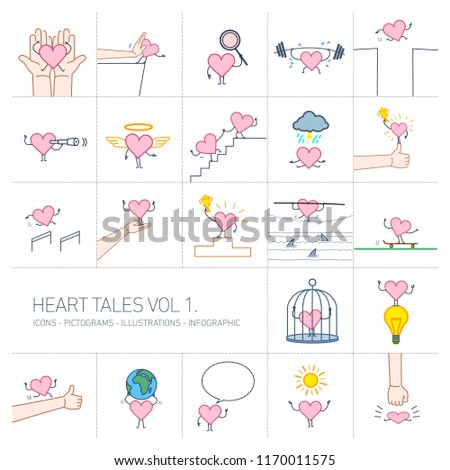 Heart tales volume 1, Vector concept illustrations set of heart in different funny situations | multicolor flat design linear icons set and infographic colorful on white background