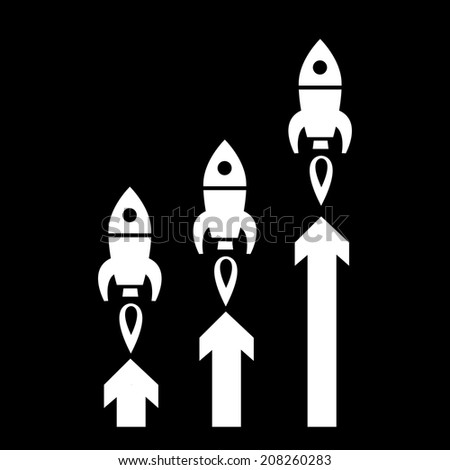 vector flat design start up business icon of three rockets launching graph | white isolated pictogram illustration on black background