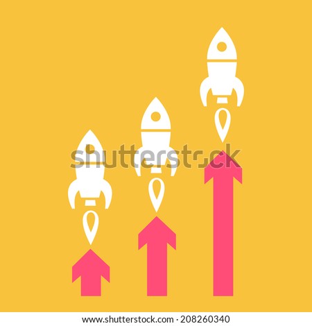 vector flat design start up business icon of three rockets launching graph | white isolated pictogram illustration on yellow background
