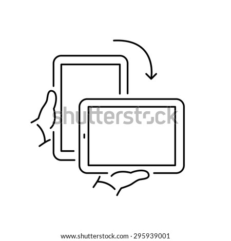 Vector linear icon with rotate tablet gesture from portrait to landscape screen mode | flat design thin line black modern illustration and infographic isolated on white background