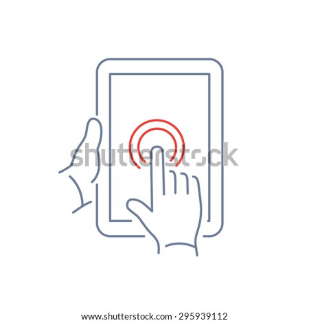 Vector linear tablet icon with one finger double tapping gesture on touch screen | flat design thin line blue and red modern illustration and infographic isolated on white background