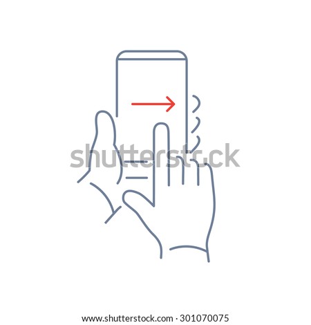 Vector linear phone and technology icons with hand gesture swipe with one finger from left to right side on smartphone touchscreen | flat design thin modern grey and red illustration and infographic