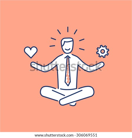 Vector stress management skills icon with meditating businessman balancing work and personal life | modern flat design soft skills linear illustration and infographic on orange background