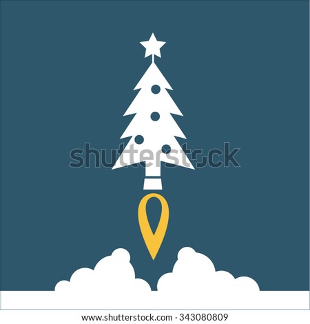 Christmas tree starting like a rocket launch vector startup business icon | white flat design pictogram illustration and infographic isolated on blue background