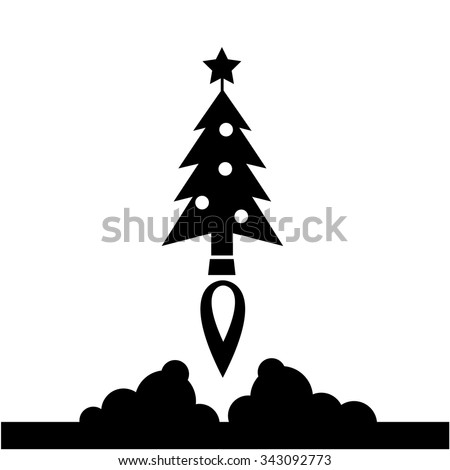 Christmas tree starting like a rocket launch vector startup business icon | black flat design pictogram illustration and infographic isolated on white background