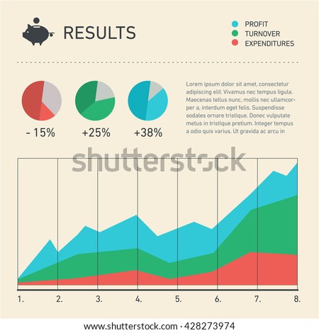 Conceptual infographic business results area and pie chart | modern flat design illustration of infographics elements colorful on yellow background