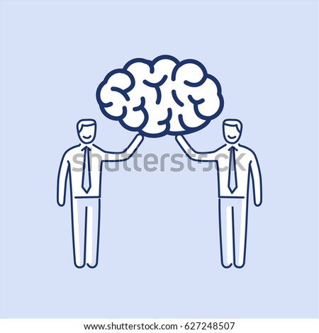 Brain trust. Vector illustration of two businessman's holding human brain | modern flat design linear concept icon and infographic on blue background Photo stock © 