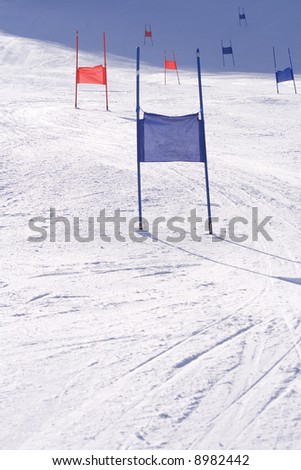 Blue and red ski gates of a giant slalom race