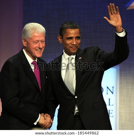 US President, Barack Obama, former US President, Bill Clinton at public appearance, 2009 Annual Meeting of Clinton Global Initiative-Opening Plenary, Sheraton Hotel and Towers, NY Sept 22, 2009