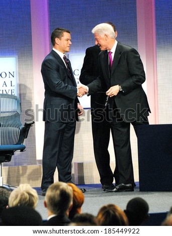 Matt Damon, Former President Bill Clinton at a public appearance for 2009 Annual Meeting of the Clinton Global Initiative-Opening Plenary, Sheraton New York Hotel and Towers, New York Sept 22, 2009
