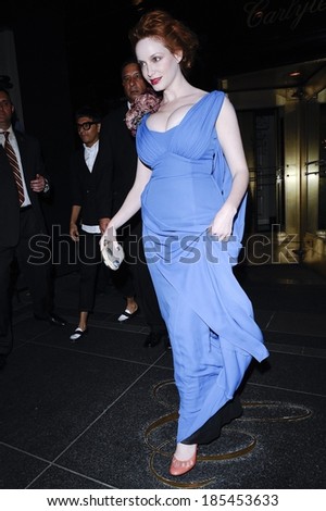 Christina Hendricks, in L\'Wren Scott blue chiffon dress, leaves an Upper East Side hotel out and about for CELEBRITY CANDIDS-MONDAY, New York City, New York May 3, 2010