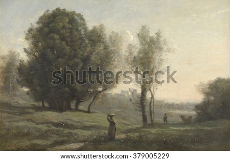 Landscape, by Camille Corot, c. 1872, French painting, oil on canvas. Scene in Les Landes, south of Bordeaux, France. Peasant walks in foreground toward a distant city. Photo stock © 
