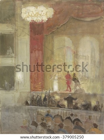 Princess Theatre in The Hague during the performance of Othello, by Johan Antonie de Jonge, c. 1900-1925. Dutch painting, watercolor on paper.