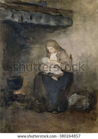 Mother Suckles her Child by the Fire, by Albert Neuhuys, c. 1890-1910. Dutch watercolor. Rural mother breat feeding her child near hearth with cooking pot.