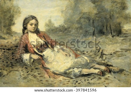 Algerienne, Camille Corot, 1871-73, French painting, oil on panel. Young Algerian woman reclining on a panther skin