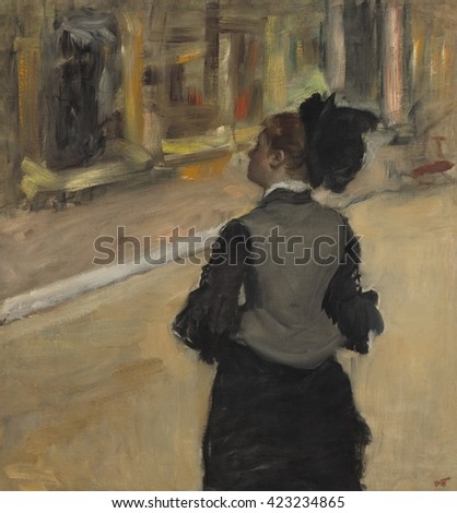 Woman Viewed from Behind (Visit to a Museum), by Edgar Degas, 1879-85, French impressionist painting, oil on canvas. This is probably a portrait of American painter, Mary Cassatt, in the Louvre