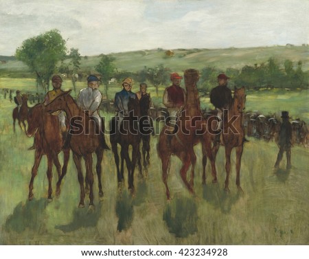 The Riders, by Edgar Degas, 1885, French impressionist painting, oil on canvas. Degas captured a passing moment with the movement of the horses and the colors of the jockeys' uniforms