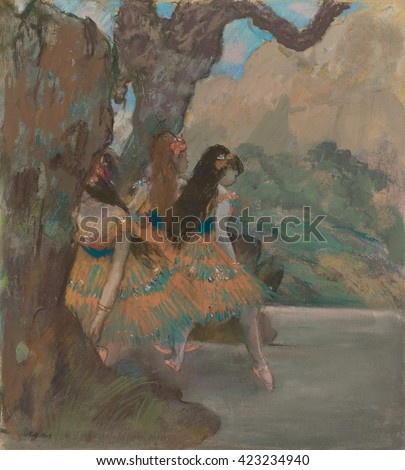 Ballet Dancers, by Edgar Degas, 1877, French impressionist pastel drawing. Dancers emerge from the scenery flat at the side of the stage