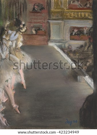 Dancers at the Old Opera House, by Edgar Degas, 1877, French impressionist pastel drawing. Ballet dancers on Paris Opera House stage during a performance. This pastel drawing's untraditional composit